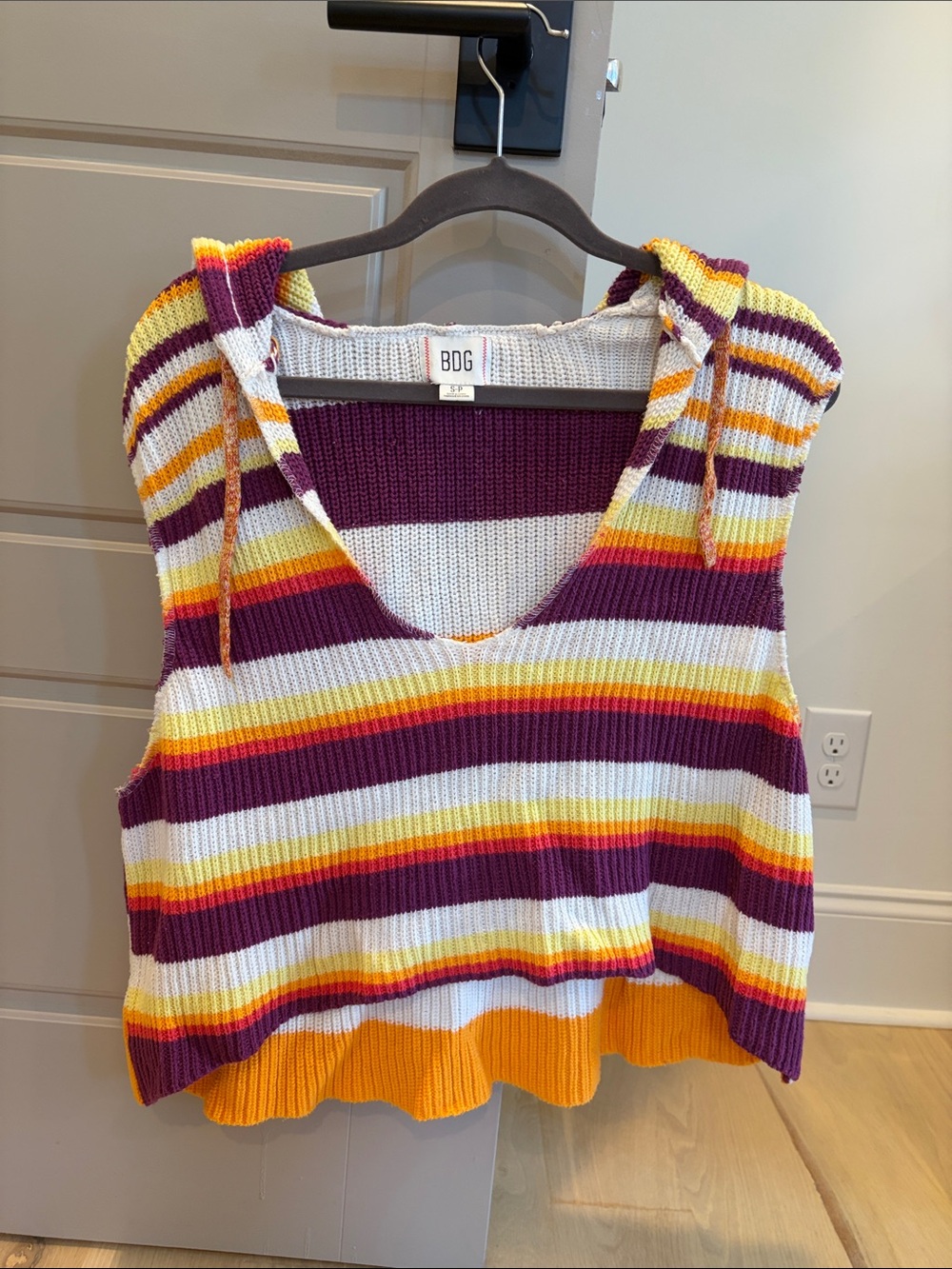 BDG Striped Knit Hooded Tank in Purple, White & Yellow-Orange